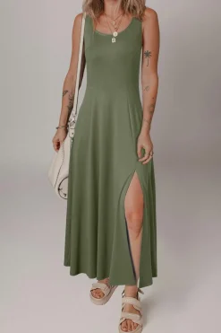 Fashion Dear-Lover Sleeveless Scoop Neck Flared Split Midi Dress Four Leaf Clover