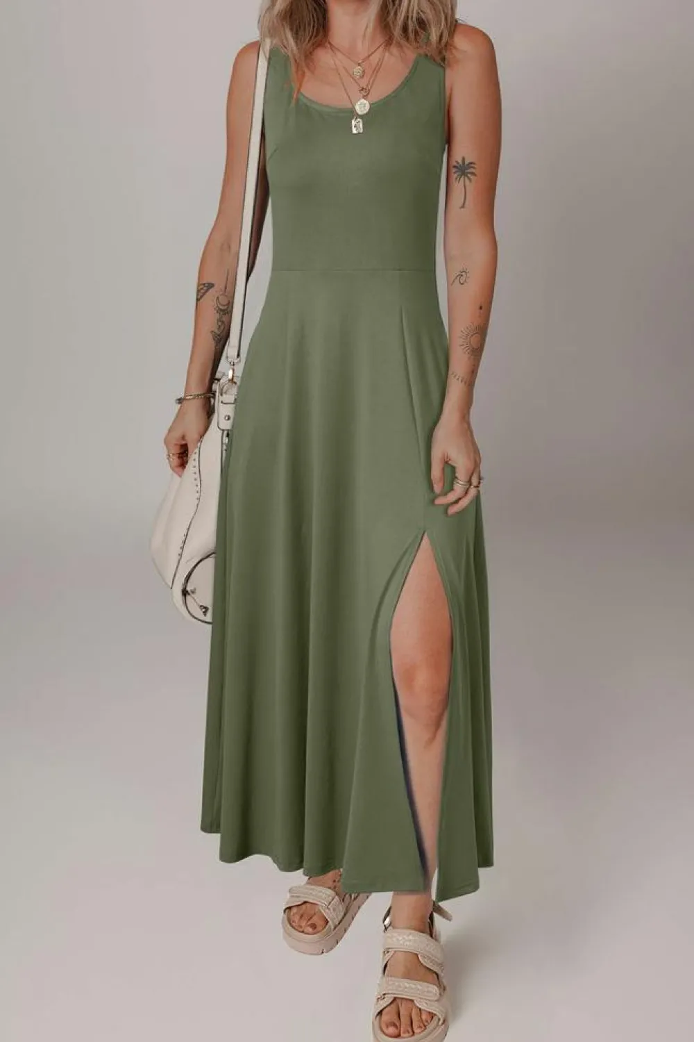 Fashion Dear-Lover Sleeveless Scoop Neck Flared Split Midi Dress Four Leaf Clover