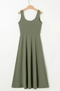 Fashion Dear-Lover Sleeveless Scoop Neck Flared Split Midi Dress Four Leaf Clover