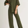 Online Dear-Lover Solid Color Textured Buttoned Shirt and Casual Pants Set Four Leaf Clover
