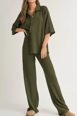 Online Dear-Lover Solid Color Textured Buttoned Shirt and Casual Pants Set Four Leaf Clover