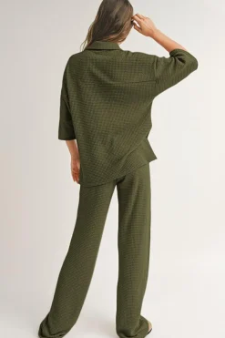 Online Dear-Lover Solid Color Textured Buttoned Shirt and Casual Pants Set Four Leaf Clover