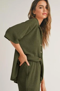 Online Dear-Lover Solid Color Textured Buttoned Shirt and Casual Pants Set Four Leaf Clover