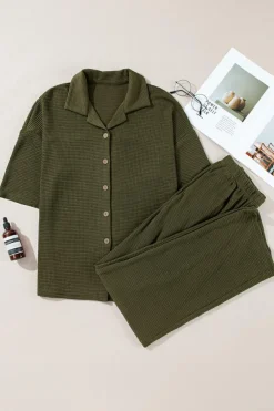 Online Dear-Lover Solid Color Textured Buttoned Shirt and Casual Pants Set Four Leaf Clover