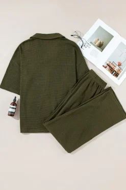 Online Dear-Lover Solid Color Textured Buttoned Shirt and Casual Pants Set Four Leaf Clover