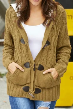 Best Dear-Lover Fur Hood Horn Button Sweater Cardigan Brown