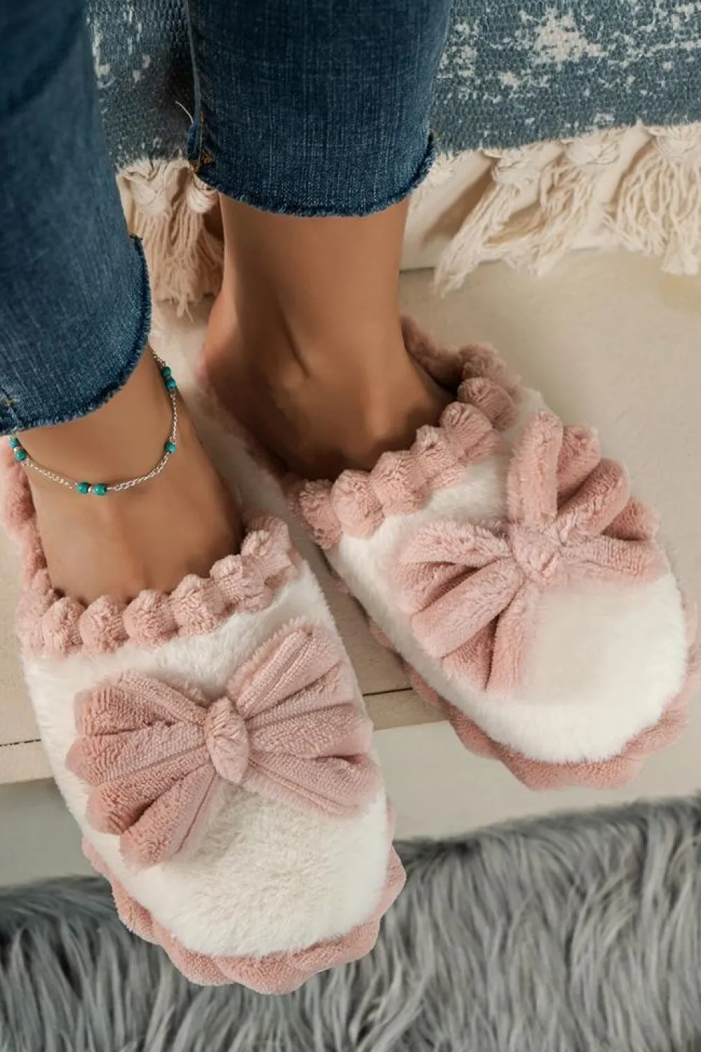 Fashion Dear-Lover Bow Decor Color Block Ribbed Plush Slippers Fushia
