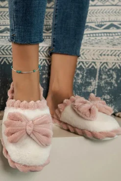 Fashion Dear-Lover Bow Decor Color Block Ribbed Plush Slippers Fushia
