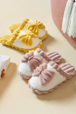 Fashion Dear-Lover Bow Decor Color Block Ribbed Plush Slippers Fushia