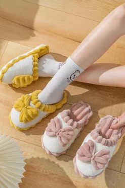 Fashion Dear-Lover Bow Decor Color Block Ribbed Plush Slippers Fushia
