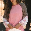 Sale Dear-Lover Mixed Print Raglan Sleeve Ribbed Knit Patchwork Blouse Fushia