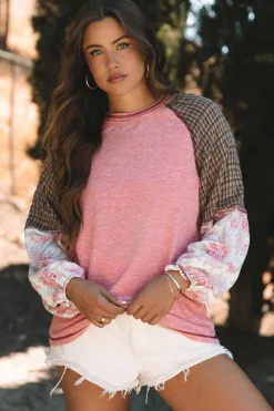 Sale Dear-Lover Mixed Print Raglan Sleeve Ribbed Knit Patchwork Blouse Fushia