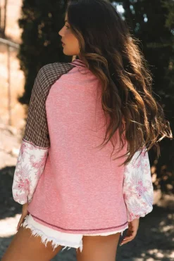 Sale Dear-Lover Mixed Print Raglan Sleeve Ribbed Knit Patchwork Blouse Fushia