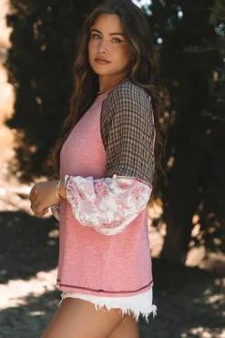 Sale Dear-Lover Mixed Print Raglan Sleeve Ribbed Knit Patchwork Blouse Fushia