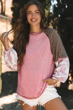 Sale Dear-Lover Mixed Print Raglan Sleeve Ribbed Knit Patchwork Blouse Fushia