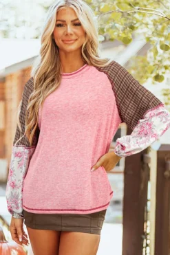Sale Dear-Lover Mixed Print Raglan Sleeve Ribbed Knit Patchwork Blouse Fushia