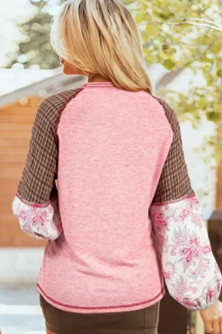 Sale Dear-Lover Mixed Print Raglan Sleeve Ribbed Knit Patchwork Blouse Fushia