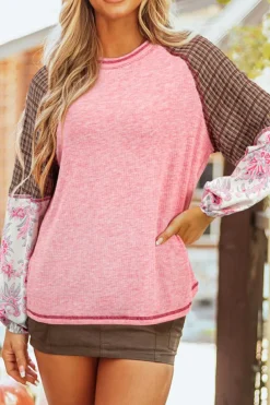 Sale Dear-Lover Mixed Print Raglan Sleeve Ribbed Knit Patchwork Blouse Fushia