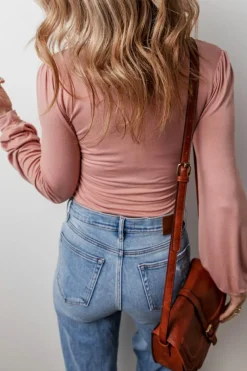 Clearance Dear-Lover Plain V neck Long Sleeve Casual Bodysuit Fushia