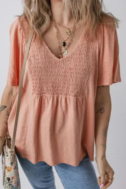 Hot Dear-Lover Smocked Front V Neck Pleated Babydoll Short Sleeve Top Fushia