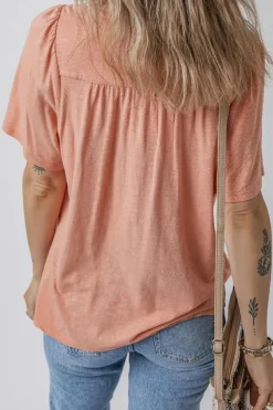 Hot Dear-Lover Smocked Front V Neck Pleated Babydoll Short Sleeve Top Fushia