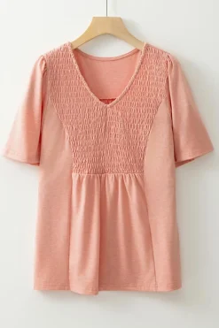 Hot Dear-Lover Smocked Front V Neck Pleated Babydoll Short Sleeve Top Fushia