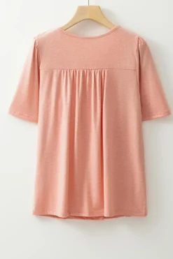 Hot Dear-Lover Smocked Front V Neck Pleated Babydoll Short Sleeve Top Fushia