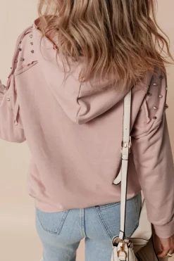 Best Dear-Lover Solid Color Rivet Stud Raglan Sleeve Hoodie with Pocket Fushia