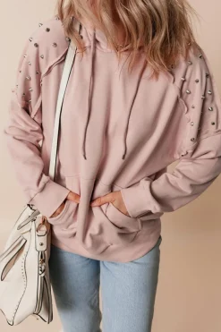 Best Dear-Lover Solid Color Rivet Stud Raglan Sleeve Hoodie with Pocket Fushia