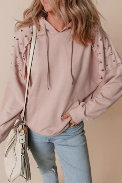 Best Dear-Lover Solid Color Rivet Stud Raglan Sleeve Hoodie with Pocket Fushia