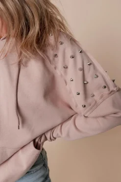 Best Dear-Lover Solid Color Rivet Stud Raglan Sleeve Hoodie with Pocket Fushia