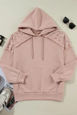 Best Dear-Lover Solid Color Rivet Stud Raglan Sleeve Hoodie with Pocket Fushia