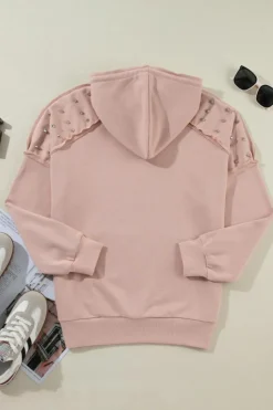 Best Dear-Lover Solid Color Rivet Stud Raglan Sleeve Hoodie with Pocket Fushia