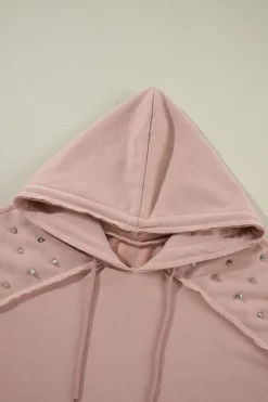 Best Dear-Lover Solid Color Rivet Stud Raglan Sleeve Hoodie with Pocket Fushia
