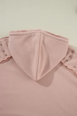 Best Dear-Lover Solid Color Rivet Stud Raglan Sleeve Hoodie with Pocket Fushia