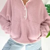 Online Dear-Lover Stand Neck Half Button Zip Pocket Plush Sweatshirt Fushia