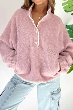 Online Dear-Lover Stand Neck Half Button Zip Pocket Plush Sweatshirt Fushia