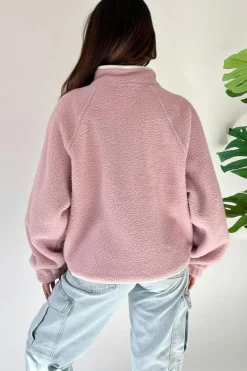 Online Dear-Lover Stand Neck Half Button Zip Pocket Plush Sweatshirt Fushia