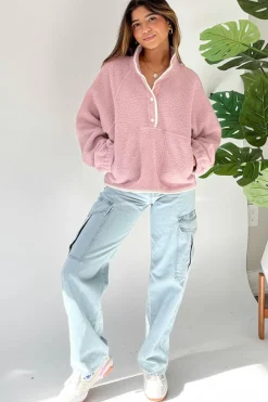 Online Dear-Lover Stand Neck Half Button Zip Pocket Plush Sweatshirt Fushia