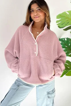 Online Dear-Lover Stand Neck Half Button Zip Pocket Plush Sweatshirt Fushia