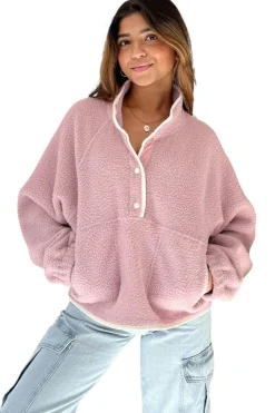 Online Dear-Lover Stand Neck Half Button Zip Pocket Plush Sweatshirt Fushia