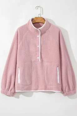 Online Dear-Lover Stand Neck Half Button Zip Pocket Plush Sweatshirt Fushia