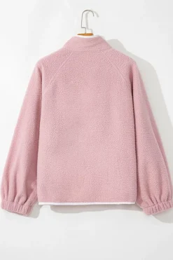 Online Dear-Lover Stand Neck Half Button Zip Pocket Plush Sweatshirt Fushia