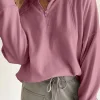 New Dear-Lover Zipped Neck Pullover Drop Shoulder Sweatshirt Fushia