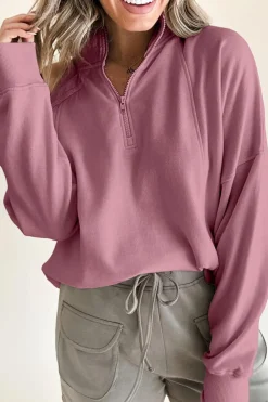 New Dear-Lover Zipped Neck Pullover Drop Shoulder Sweatshirt Fushia