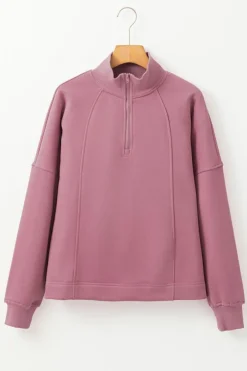 New Dear-Lover Zipped Neck Pullover Drop Shoulder Sweatshirt Fushia