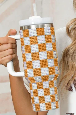 Fashion Dear-Lover Full Rhinestone Checkerboard Handled Tumbler 40oz Ginger