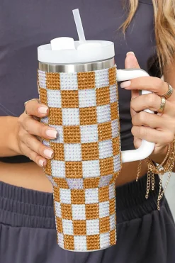 Fashion Dear-Lover Full Rhinestone Checkerboard Handled Tumbler 40oz Ginger