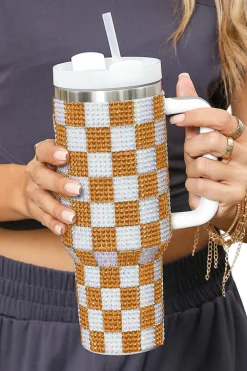 Fashion Dear-Lover Full Rhinestone Checkerboard Handled Tumbler 40oz Ginger