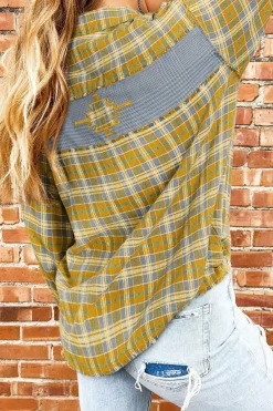 Best Dear-Lover Plaid Embroidery Patch Button-Down Shacket Ginger